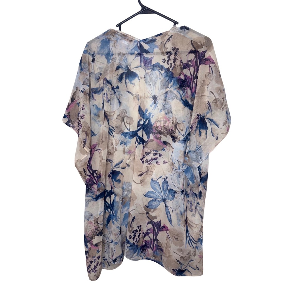 Blue Floral Sheer Kimono Cover Up Boho Resort Beach Chico’s - Picture 3 of 5
